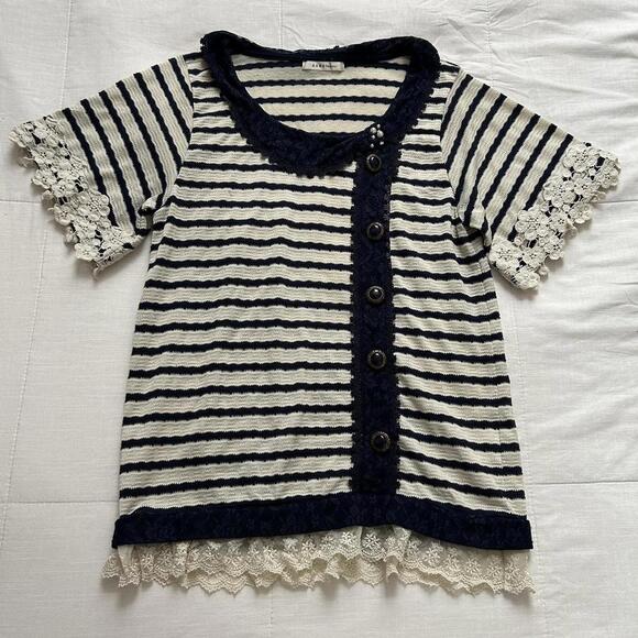 Axes Femme Navy and cream striped knit to with lace collar Size medium - Picture 1 of 6